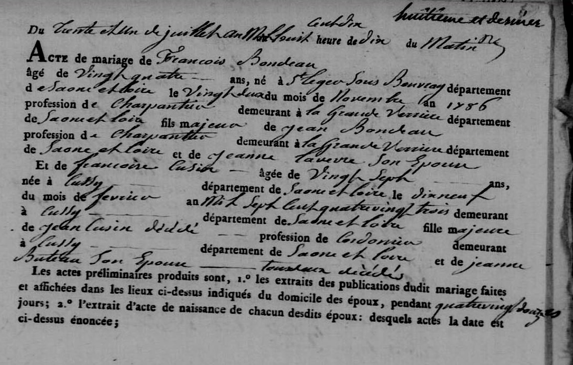 Mariage Francois BONDEAU Francoise CUZIN Cussy 31-7-1810 - 1.jpg